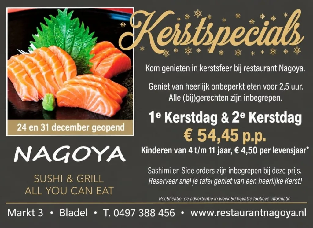 Kerstspecials bij Restaurant Nagoya: op 1e en 2e Kerstdag onbeperkt sushi en grill voor € 54,45 per persoon